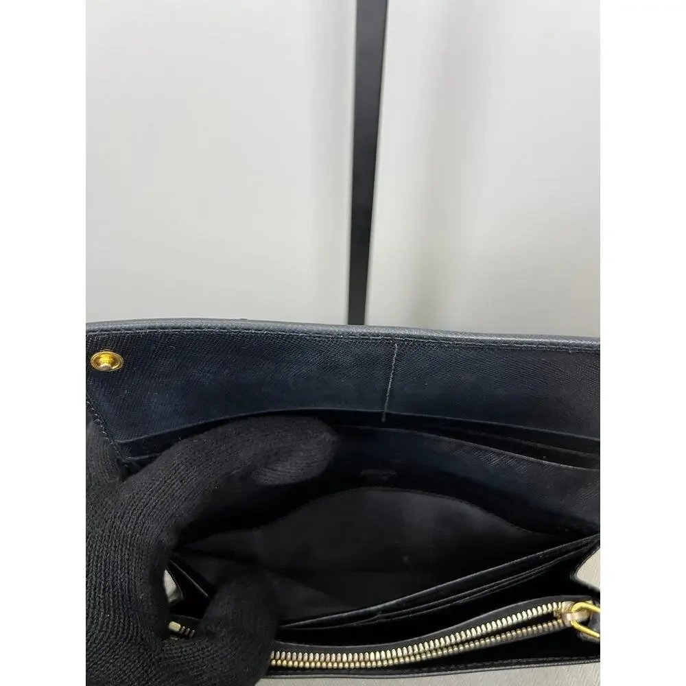Prada Black Saffiano Leather Continental Flap Wallet Gold Logo Made Italy